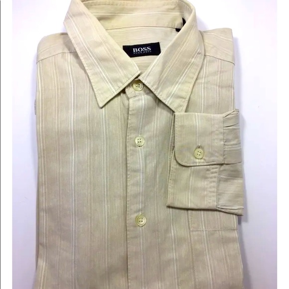 Hugo Boss Men Long Sleeve Dress Shirt Beige Stripe XL Cotton